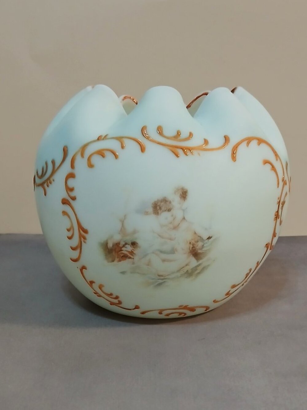 Victorian Blown Satin Glass Rose Bowl-Cherubs & Gilding